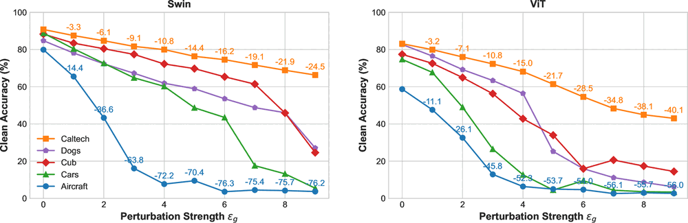 Clean accuracy of Swin and ViT models fine-tuned with a robust objective, plotted against perturbation strength for five datasets. Accuracy degrades sharply as perturbation strength grows, by up to 76 points on Aircraft.