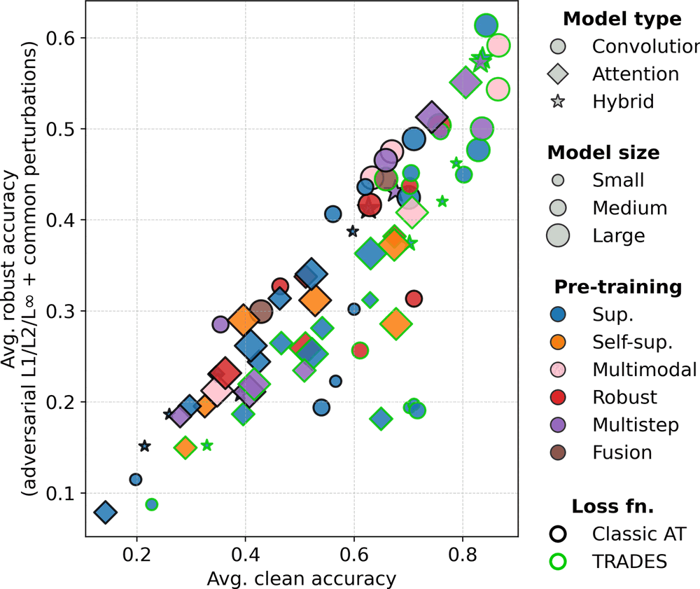 Scatter plot of average robust accuracy against average clean accuracy across training configurations, with marker shape, size, colour and outline encoding model type, model size, pre-training strategy and loss function.